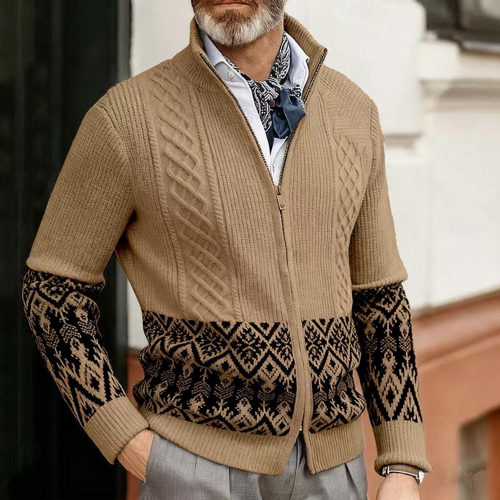 Men's Sweater Cardigan Zip Sweater Ribbed Cable Knit Regular Tops Knitted Plain Stand Collar Vacation Fashion Casual Daily Wear Clothing
