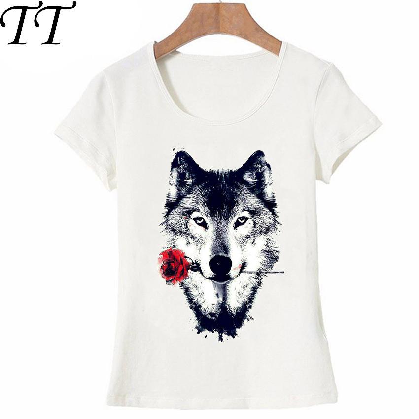 Summer animal design cute women short sleeve funny wolf with a rose print TShirt female casual Tops hipster girl Tees