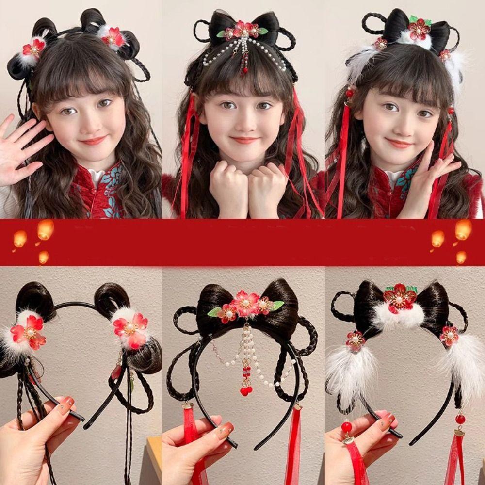 Tassel Chinese New Year Headwear Braid Hair Hanfu Hair Sticks Sweet Red Bow Hairband Baby