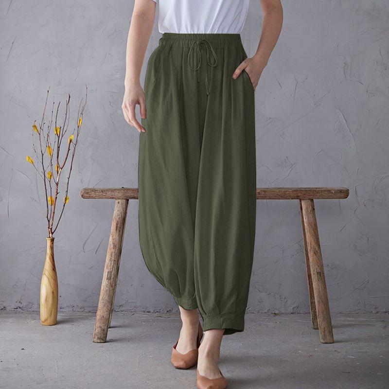 Spring and Summer Cotton and Linen Retro Art Loose Large Size Tapered Pants Elastic Waist Casual Pants Ladies Bloomers
