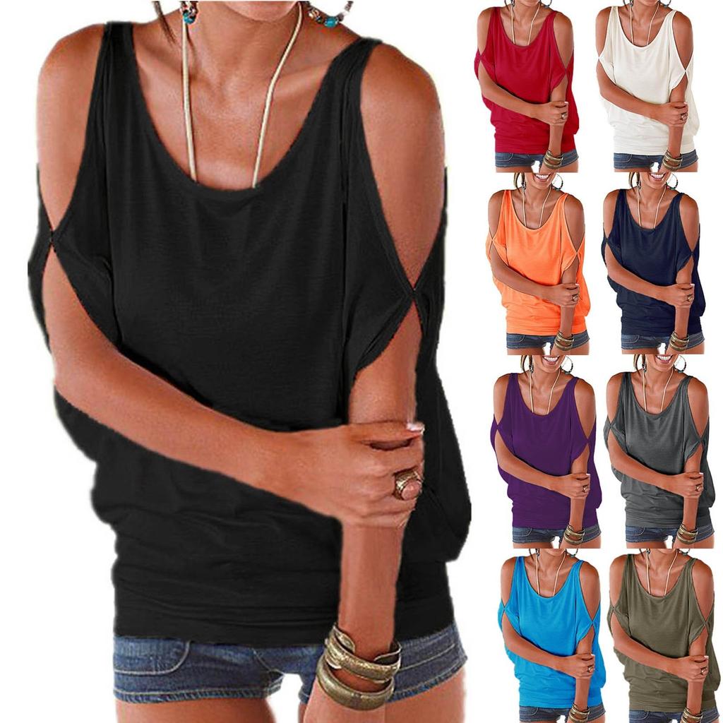 Top For Women Short Sleeve Cold Shoulder Short Sleeve O Neck Basic Tee Tops