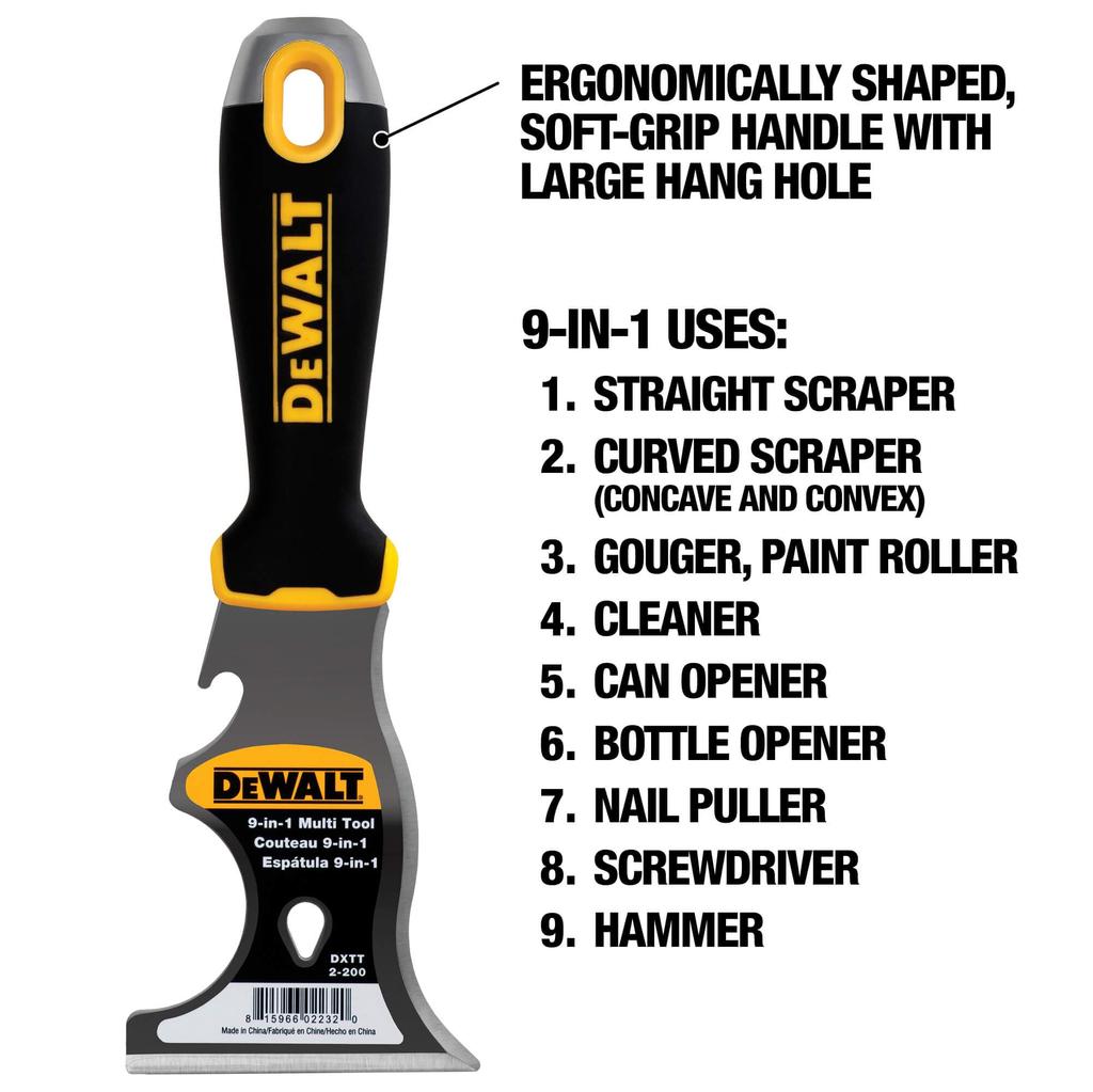 Многофункциональный инструмент маляра DEWALT 9-в-1, углеродистая сталь, с рукояткой с мягким покрытием, DXTT-2-200