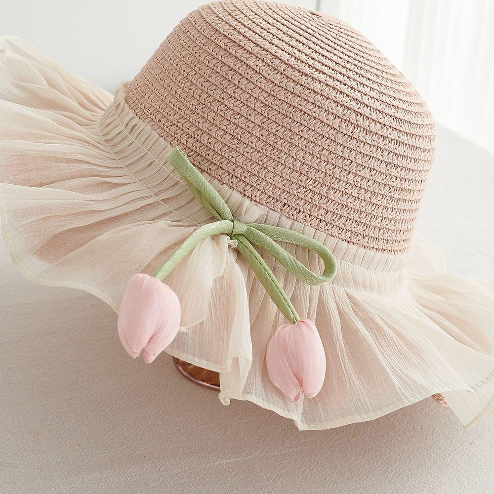 Korean Style Tulip Straw Sun Hat Shading Hat Lace Brim Beach Cap Cute Girls Bucket Hat Kid