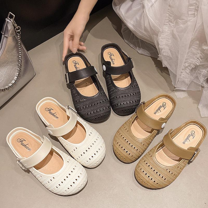 Ретро плетеная ажурная сумка, полушлепанцы, женская уличная обувь, новинка весна-лето, отпуск, один педаль, мягкая подошва