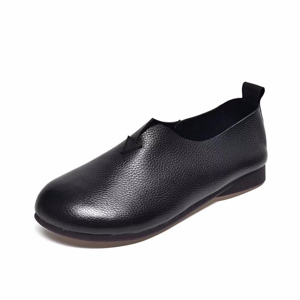 Women's Autumn New Round Head Flat Shoes Soft Sole Soft Surface Comfortable Single Shoes First Layer Cowhide Four Seasons Shoes
