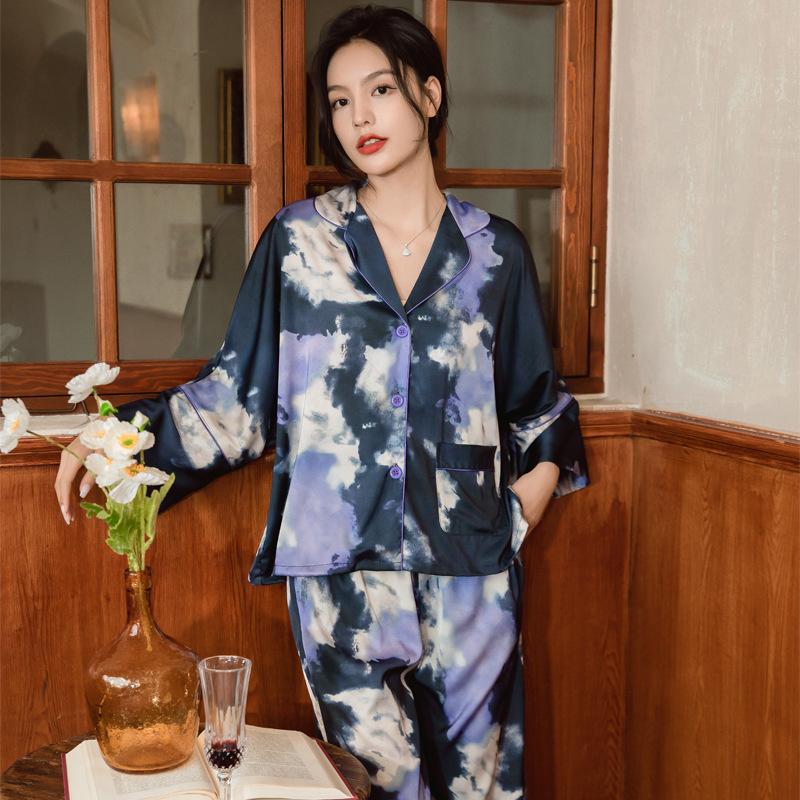Весенне-осенняя женская пижама Ice Silk Thin Пижамный комплект с длинным рукавом Женская домашняя одежда Комплект