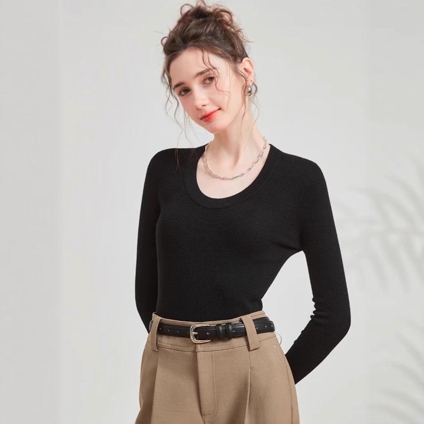 Mulberry Silk & Wool Slim-fit Long-sleeve Knit Top - Women's Versatile Early Autumn Style