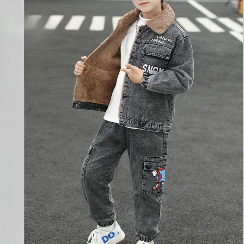 Children's Winter Suit Boys Thick Denim Jacket and Velvet Pants Two-piece Boys