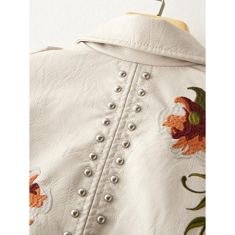 Women's Business Casual Waisted PU Leather Jacket Embroidered Rivets Faux Leather Short Jacket Office Jacket