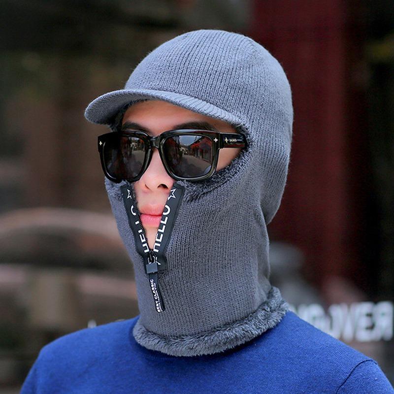 Solid Color Knitted Hooded Hat for Unisex Neck Guard Zipper Scarf Beanie Warm Autumn Winter Headwear Face Cover Thermal Cap