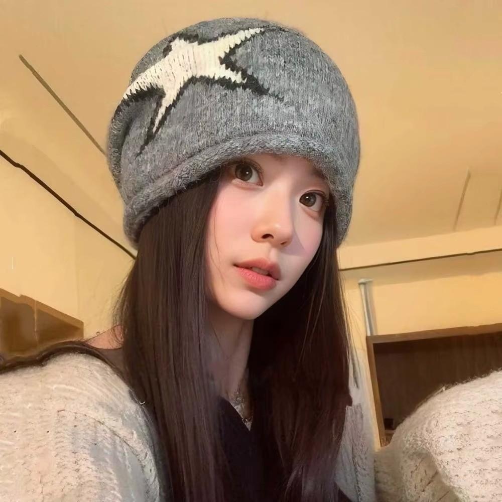 Star Patterned Beanie Cap Edge Curl Slouchy Hat Fashion Skull Cap