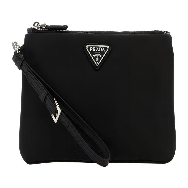 Prada Re-Nylon Metal Triangle Logo Zipper Closure Nylon Clutch Women's Black