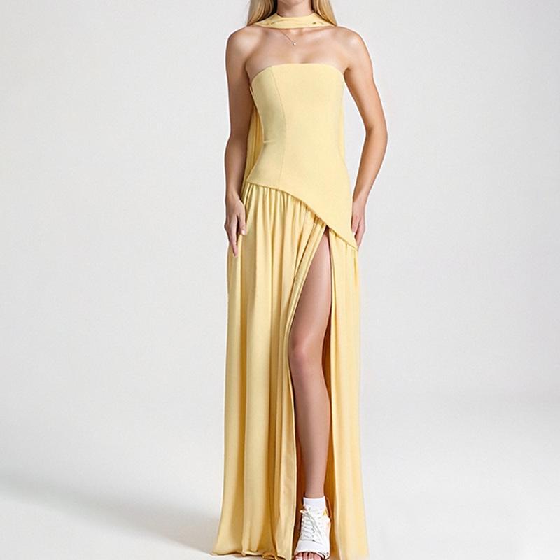 Женское летнее strapless струящееся макси-платье-труба bodycon с высоким разрезом A-силуэта длинные вечерние платья коктейльное сексуальное платье для гостей на свадьбу длинное официальное платье для женщин