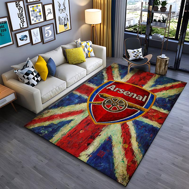Football Club Area Rug, Arsenal Crest Union Jack Flag Grunge Oil Paint Print, Soccer Fan Room Decor, Non-Slip Mat