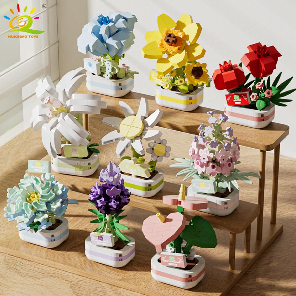 HUIQIBAO Модель Вечного Цветка Букет Комнатное Растение Микро Конструктор MOC DIY Украшение для Дома и Стола Кирпичный Конструктор для Детей