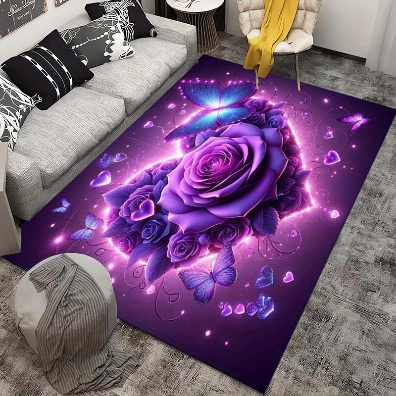 Purple Rose Butterfly Rug Enchanting Floral Fantasy for Romantic Rooms Dreamy Area Rugs Anti slip carpet can be machine washed