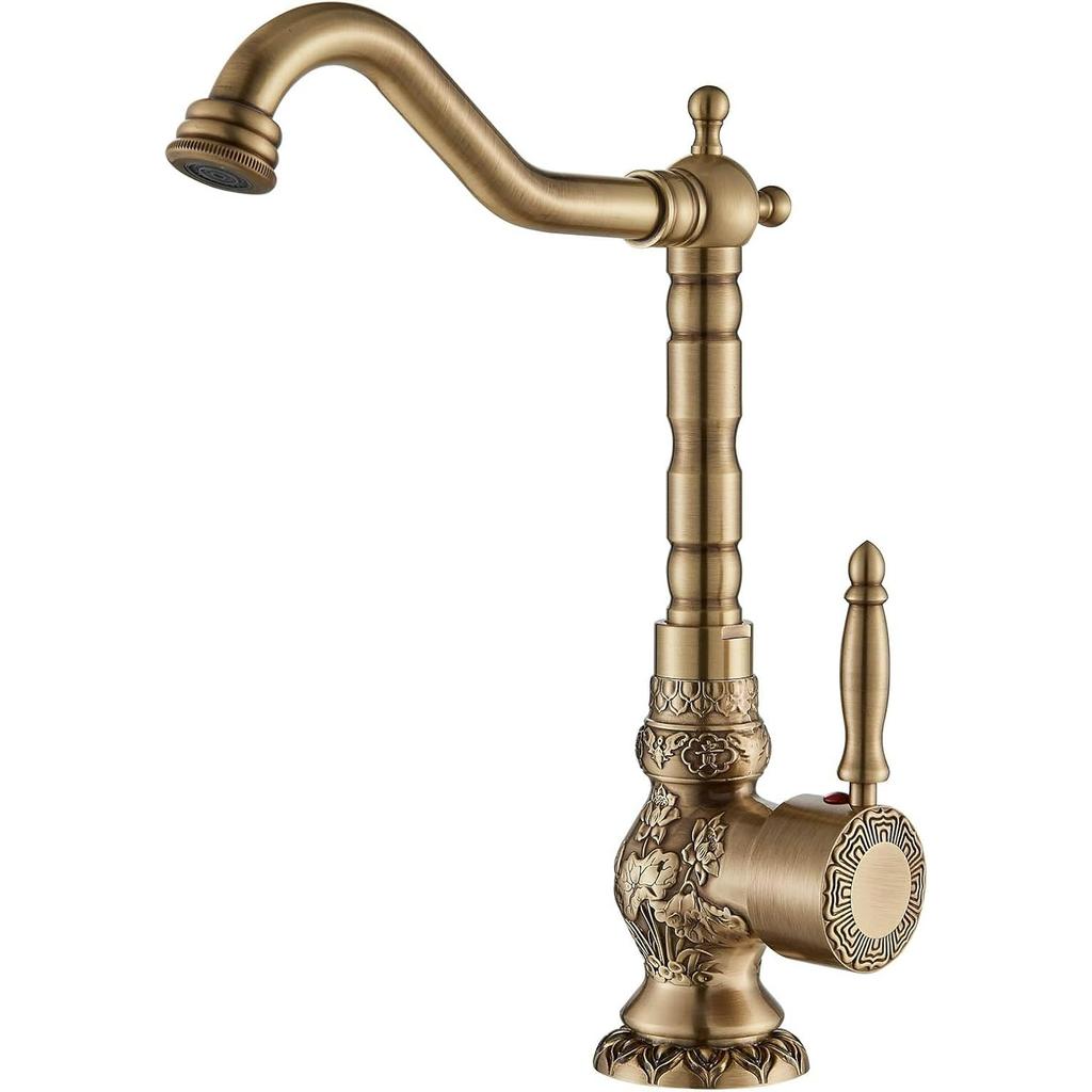 Antique Brass High Tap Bathroom Basin Single Lever Sink Mixer Tap 360° Rotating Spout