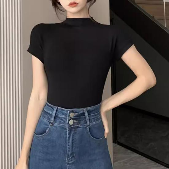 Женские топы с полувысоким воротником, короткими рукавами, приталенная футболка, однотонная