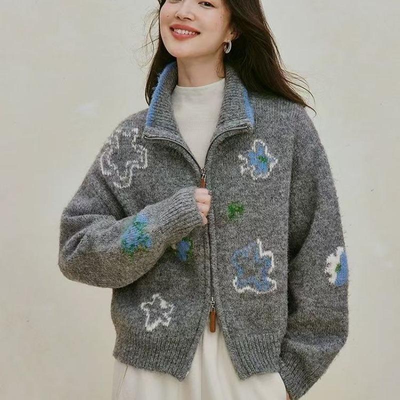 Loose Thick Zip Up Knit Cardigan Casual Long Sleeve Outerwear