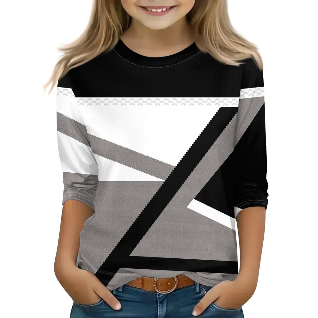 Print Tops For Youth Girls 5-16 Years Round Neck 3/4 Sleeves T-Shirts Trendy Tops Outfit Tees