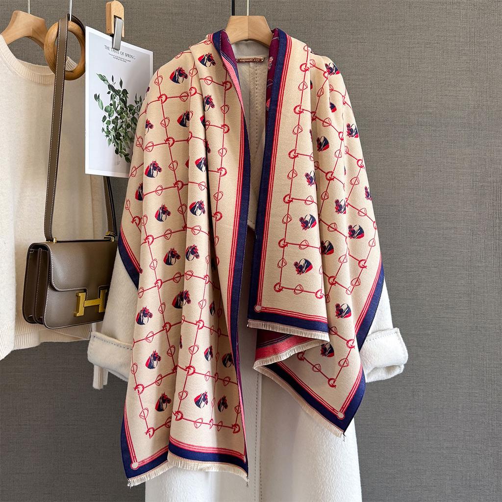 Осень и зима новый милый шарф-жаккард из имитации кашемира с головой лошади женский для повседневных поездок на работу на улице с теплым шарфом тренд