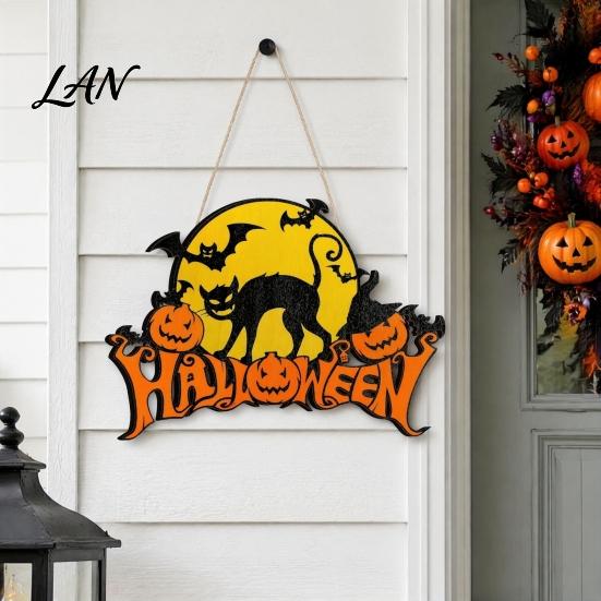 Vintage Dark Style Home Decor Halloween Wood Door Hanger Sign, Pumpkin And Black Cat Printed, with Hemp Rustic Rope Lanyard, Decorative Wall Pendant,