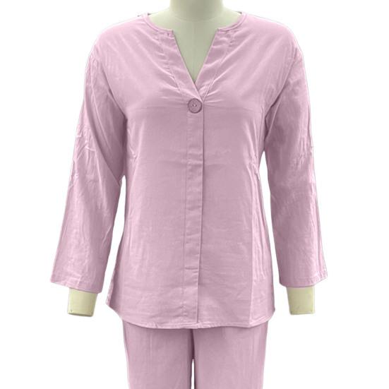 2 Pcs/Set Women Plus Size Shirt Trousers Set Solid Color Long Sleeves V Neck Blouse High Waist Loose Wide Leg Pants Set Casual Commute Outfit