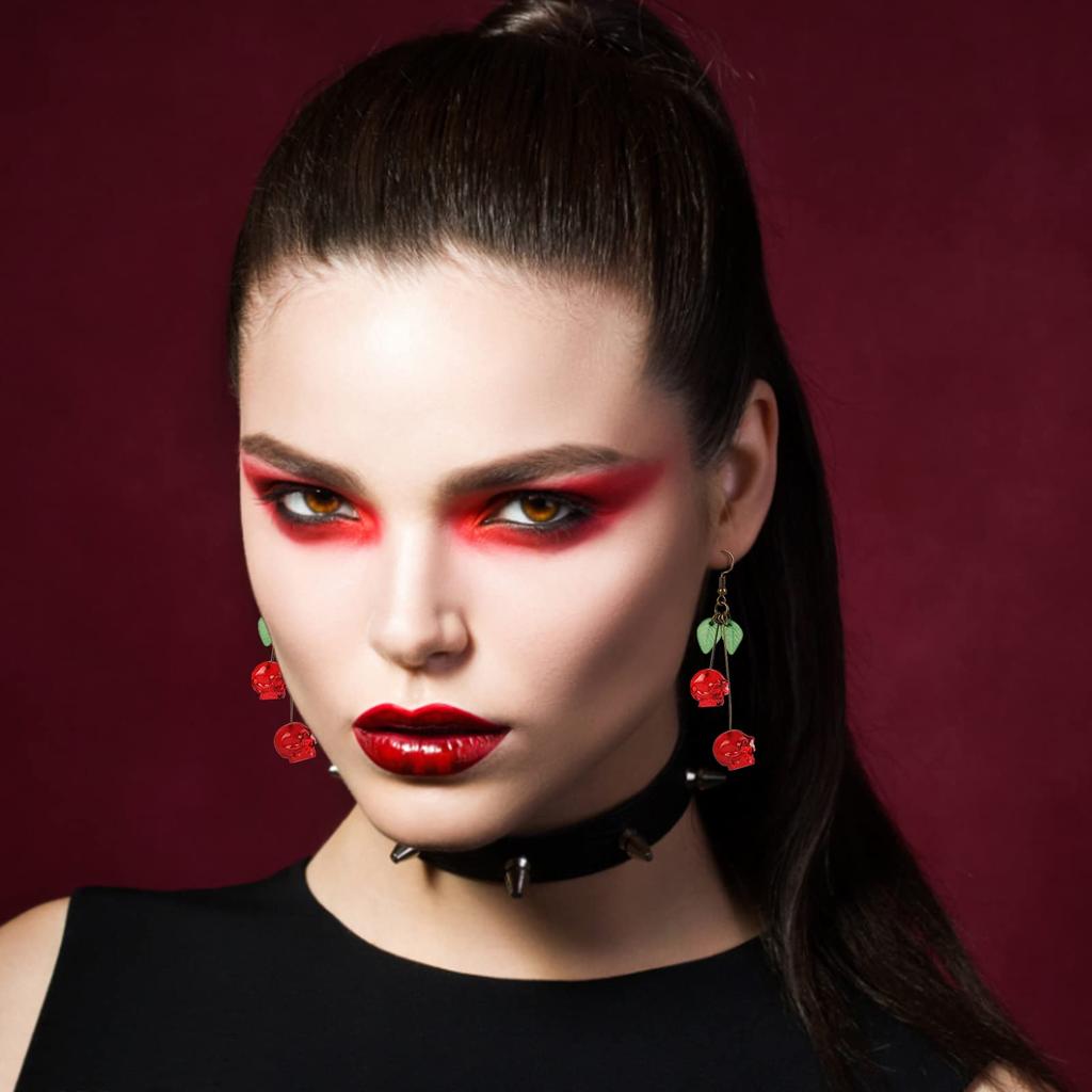 Серьги с черепами и вишней/Серьги с красными черепами/Серьги на Хэллоуин/Забавные, жуткие, необычные серьги/Без никеля