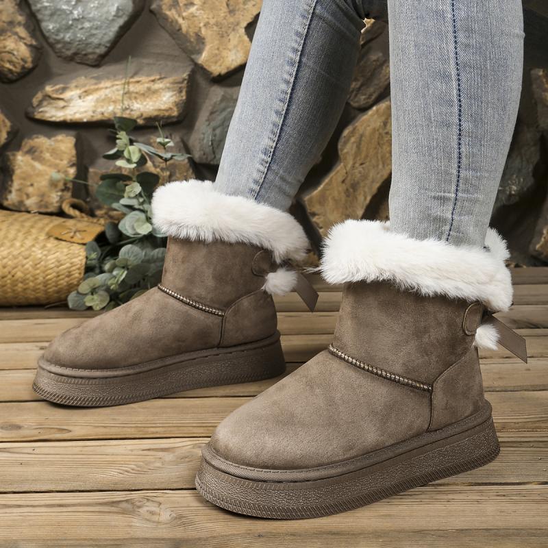 Sweet Bowknot Decoration Suede Snow Boots Women 2025 Soft Thick Bottom Ankle Boots Women Warm Faux Fur Non Slip Winter Shoes