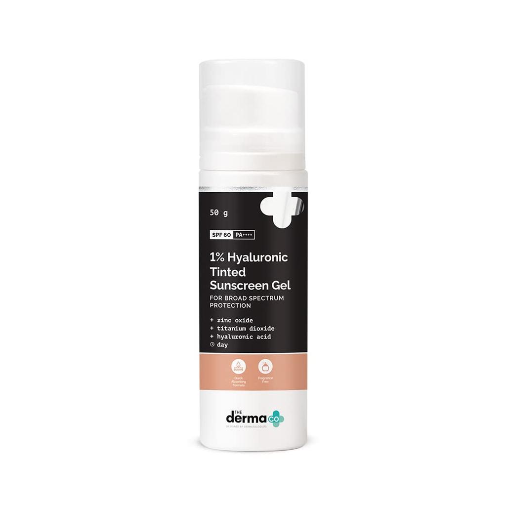Гель-солнцезащитное тонирующее The Derma Co с 1% гиалуроновой кислоты SPF 60 PA++++ | Не оставляет белых следов | Легкий | Широкий спектр защиты | 50 г
