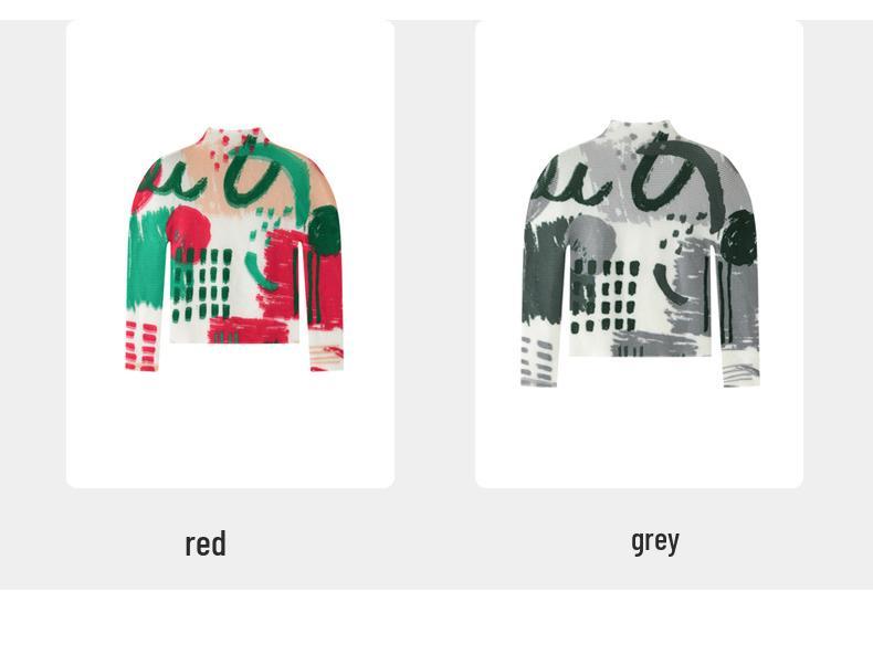 Женская футболка с высоким воротником и длинным рукавом Miyake Pleats - Весна/Лето 2026, Абстрактный принт "Зерно кукурузы", Облегающий крой.