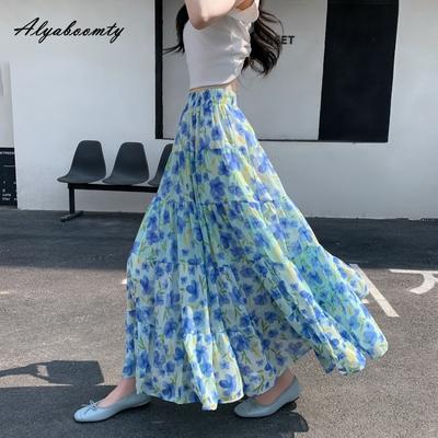 Корейский стиль весна-лето женская миди шифоновая юбка с высокой талией контрастного цвета сине-розовая цветочная юбка многослойные оборки милые юбки женские