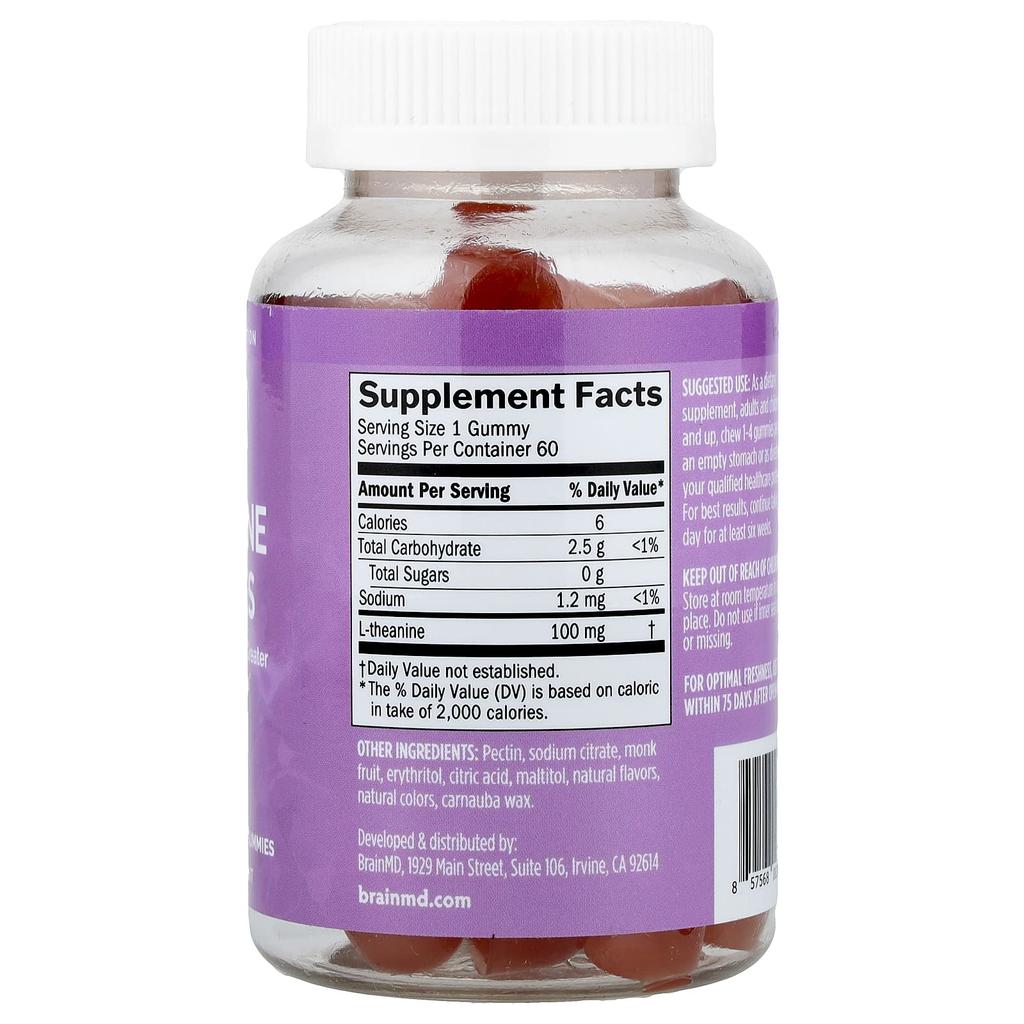 BrainMD L-Theanine Gummies, Berry, Vegan, 60 Gummies (100mg Per Gummi)