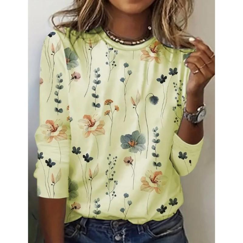 Spring and Autumn Women's Round Neck Pullover Long Sleeved T-shirt Elegant and Fashionable Floral Print T-shirt Womens New Style