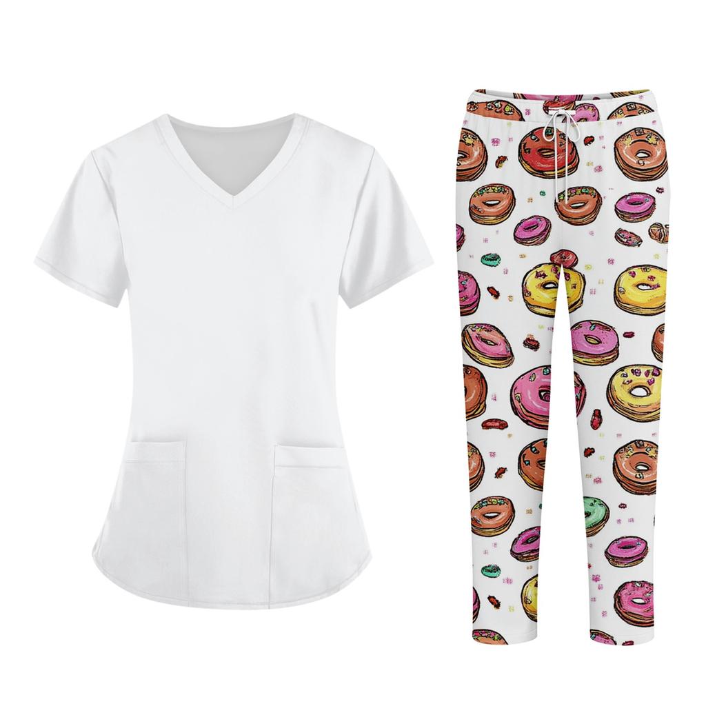 Плюс размерСкраб с принтом Рабочая форма Топы для женщин Крест V-образным вырезом Хэллоуин Принт с короткими рукавами Забавные футболки Спецодежда Футболка с карманами