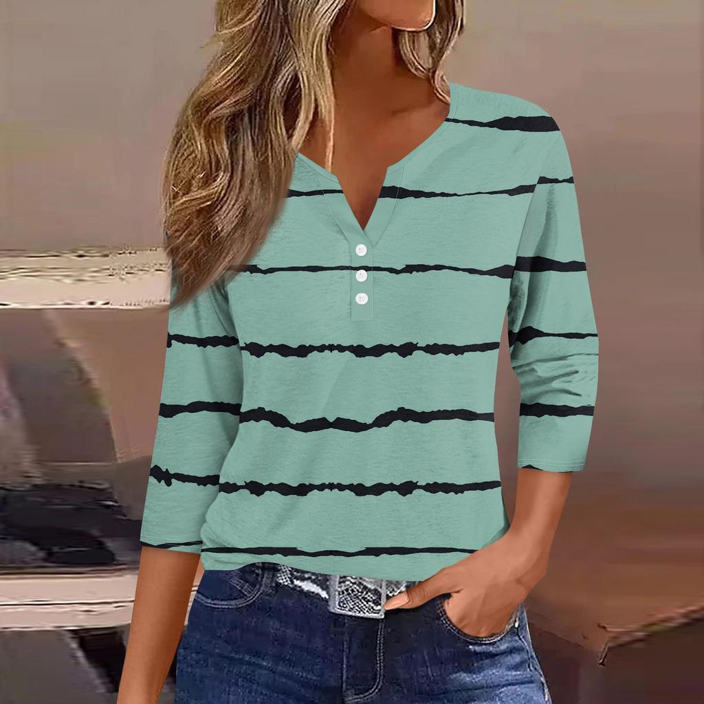 Жен. Футболка Футболка С принтом Пуговицы Рукав 3/4 Повседневные Выходные Мода Классический Классический V-образный вырез Обычный Верх