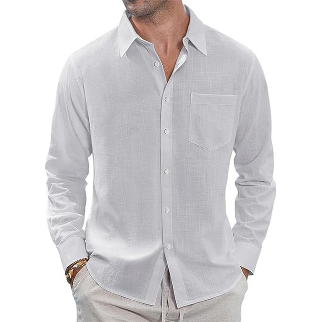 Men's Long Sleeve Shirt Men Cotton Linen Shirt Regular Fit Casual Shirts  Beach T-Shirt