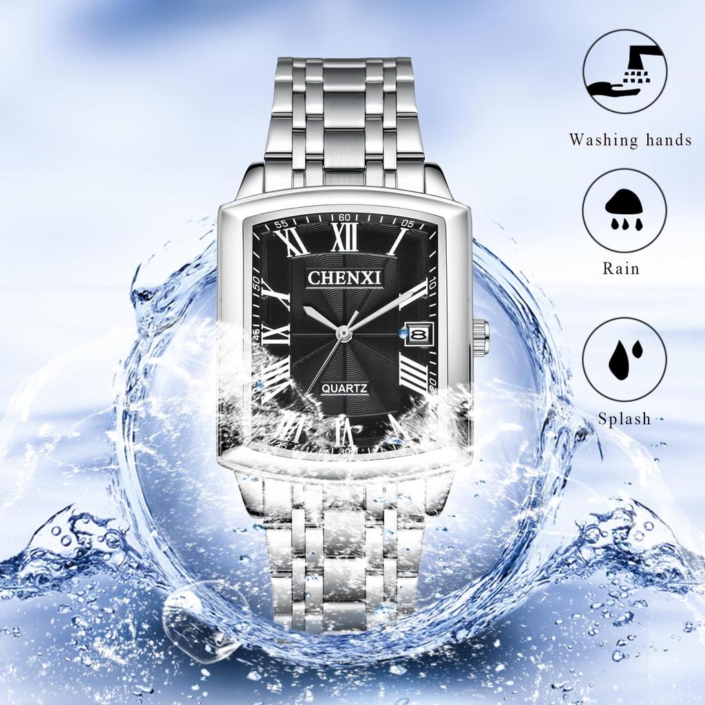 Stainless Steel Calendar Analog 3ATM Waterproof Antique Rome Stylish Pair Watch Square Quartz Watch Silver Black Fashion Accessories Birthday
