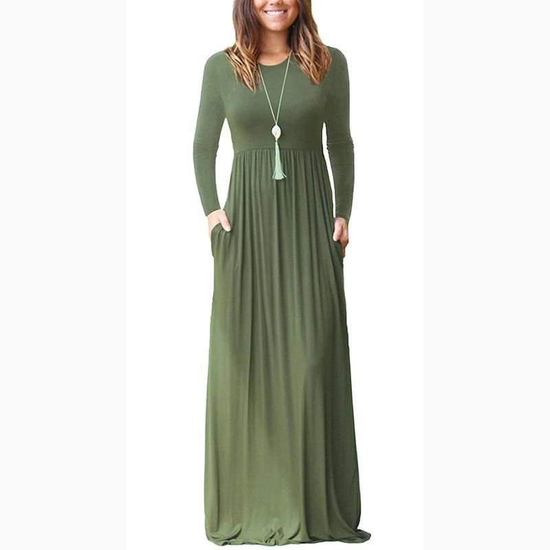 Весна-лето с длинным рукавом и коротким рукавом, однотонное повседневное платье с круглым вырезом, повседневные длинные платья, женское осеннее платье с эластичной резинкой на талии 18184