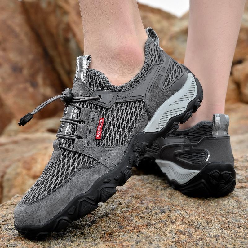 Men’s Outdoor Hiking Shoes Grey Driving Shoes Casual Slip on Summer Black Mesh Shoes Plus Size 45 46