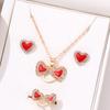 4 Piece Set Women Oil Dripping Love Highend Feeling Diamond Studded Fashionable Peach Heart Ring Earring Necklace Set Accessorie