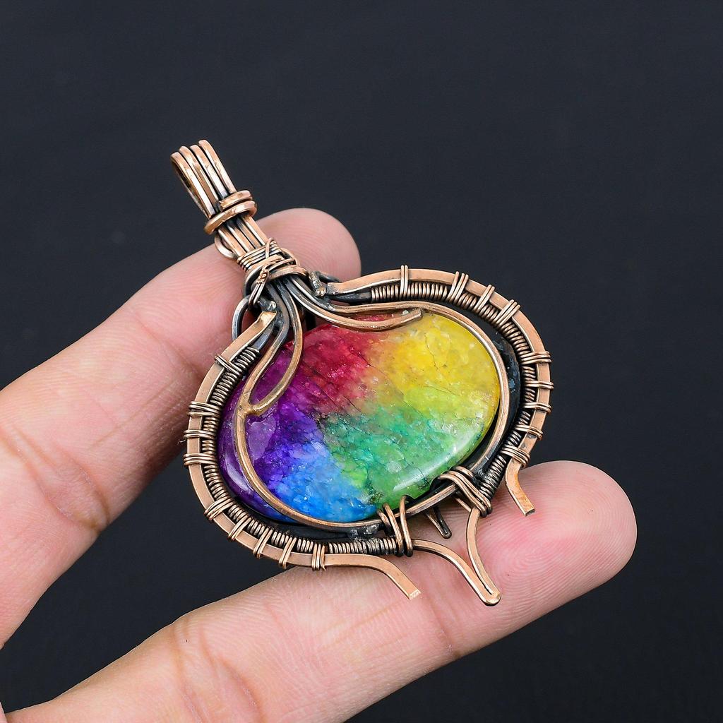 Rainbow Solar Quartz Gemstone Pure Copper Wire Wrapped Handmade Pendant Jewelry