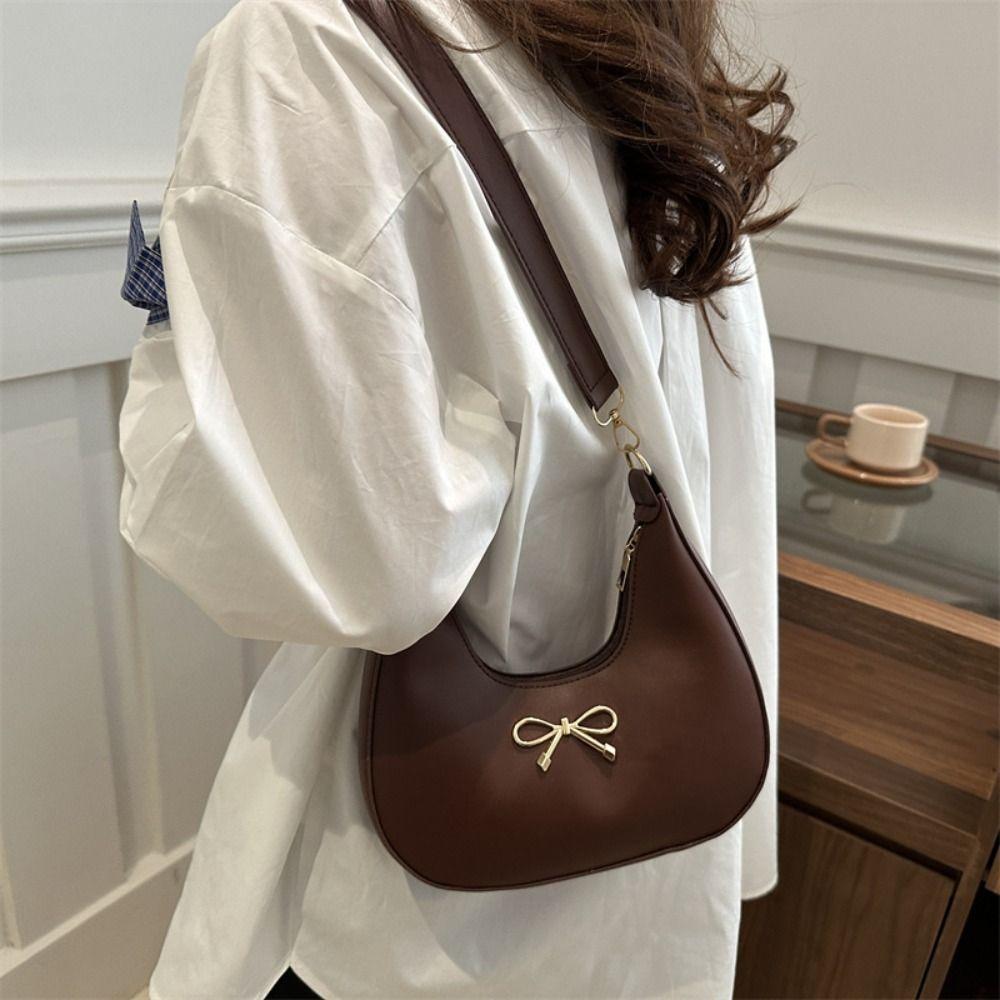 PU Leather Bow Shoulder Bag Handbag Crossbody Bag Portable Crescent Bag Girls