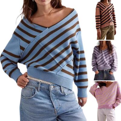 Женский свитер с длинным рукавом, полосатый, цветной, вязаный свитер, V-образный вырез, свободный пуловер