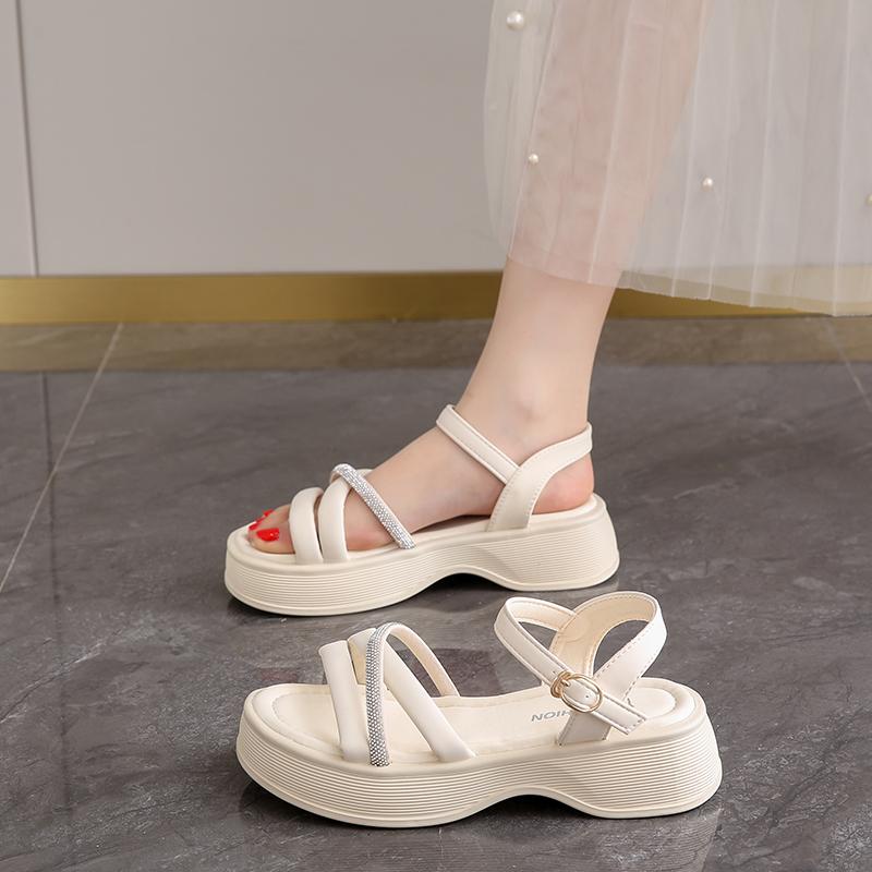 CRLAYDK Summer Women's Rhinestone Strap Sandals Walking Ankle Strap Fashion Platform Casual Slippers Soft Wedge Open Toe Shoes