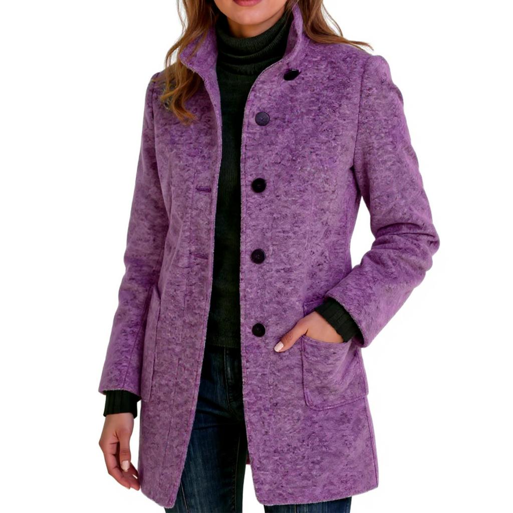 Ladies' Casual And Fashionable Solid Color Button Up Collar Woolen Coat