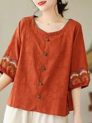 Ретро вышитая футболка с коротким рукавом из хлопка и льна для женщин среднего возраста - Весна/Лето