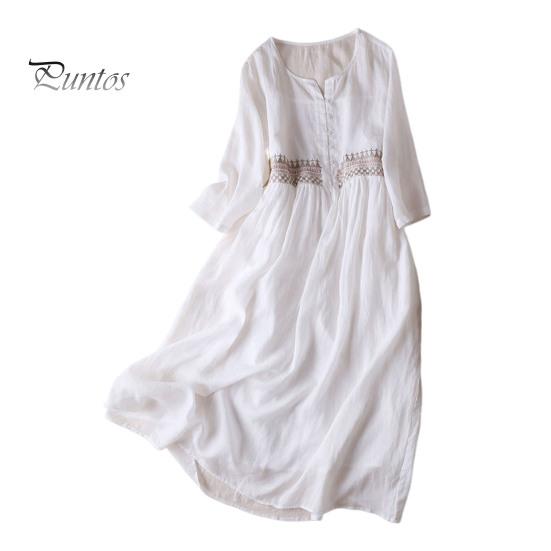 Весеннее летнее платье с вышивкой и рукавом девятого цвета, свободное платье миди с круглым вырезом, легкое платье для офиса, летней пляжной вечеринки