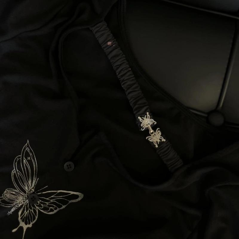 2KWEIRD Gothic Butterfly Print T-shirt Grunge Fairycore Hollow Out Crop Tops Japanese Harajuku Slim Tshirt Y2k Aesthetics Dark