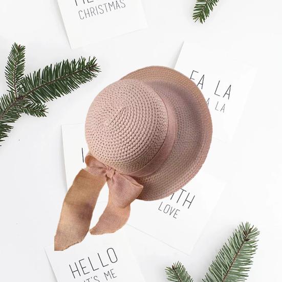 Ribbon Bowknot Decor Straw Hat Round Dome Solid Color Folding Women Big Brim Sunscreen Travel Hat Fashion Accessories